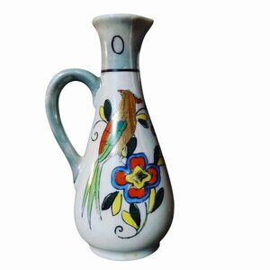 Iridescent Oil Vintage Hand Painted Porcelain Pitcher Bird Parrot Floral 5 Inch